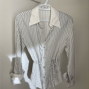 Mango White and Black Striped Button-Down Blouse
